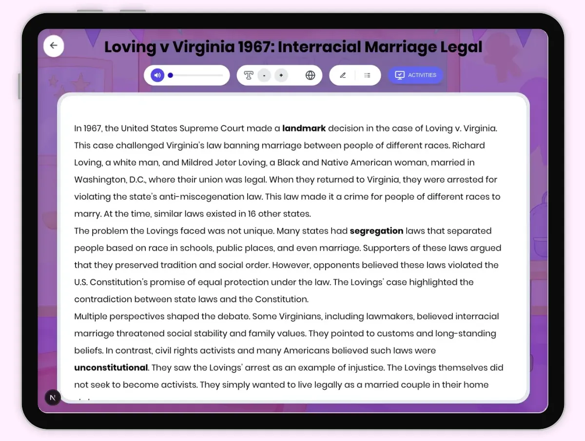 Interactive — Reading Comprehension preview: Loving v Virginia 1967: Interracial Marriage Legal covering D2.HIS.2.3-5, D2.HIS.3.3-5, RI.4.3, RI.4.4, W.4.2 standards - Page 1 of 1