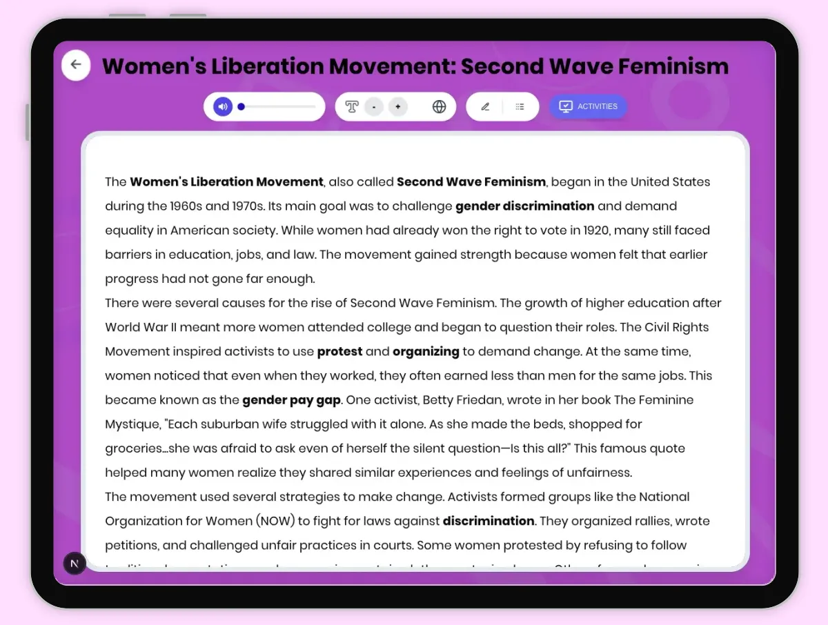 Interactive — Reading Comprehension preview: Women's Liberation Movement: Second Wave Feminism covering D2.HIS.2.3-5, D2.HIS.3.3-5, RI.4.3, RI.4.4, W.4.2 standards - Page 1 of 1