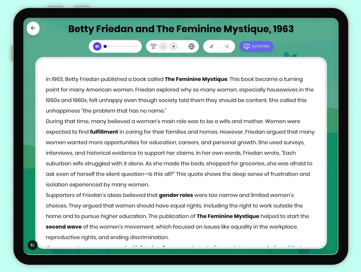 Interactive — Reading Comprehension preview: Betty Friedan Feminine Mystique 1963 covering D2.HIS.2.3-5, D2.HIS.3.3-5, RI.4.3, RI.4.4, W.4.2 standards - Page 1 of 1