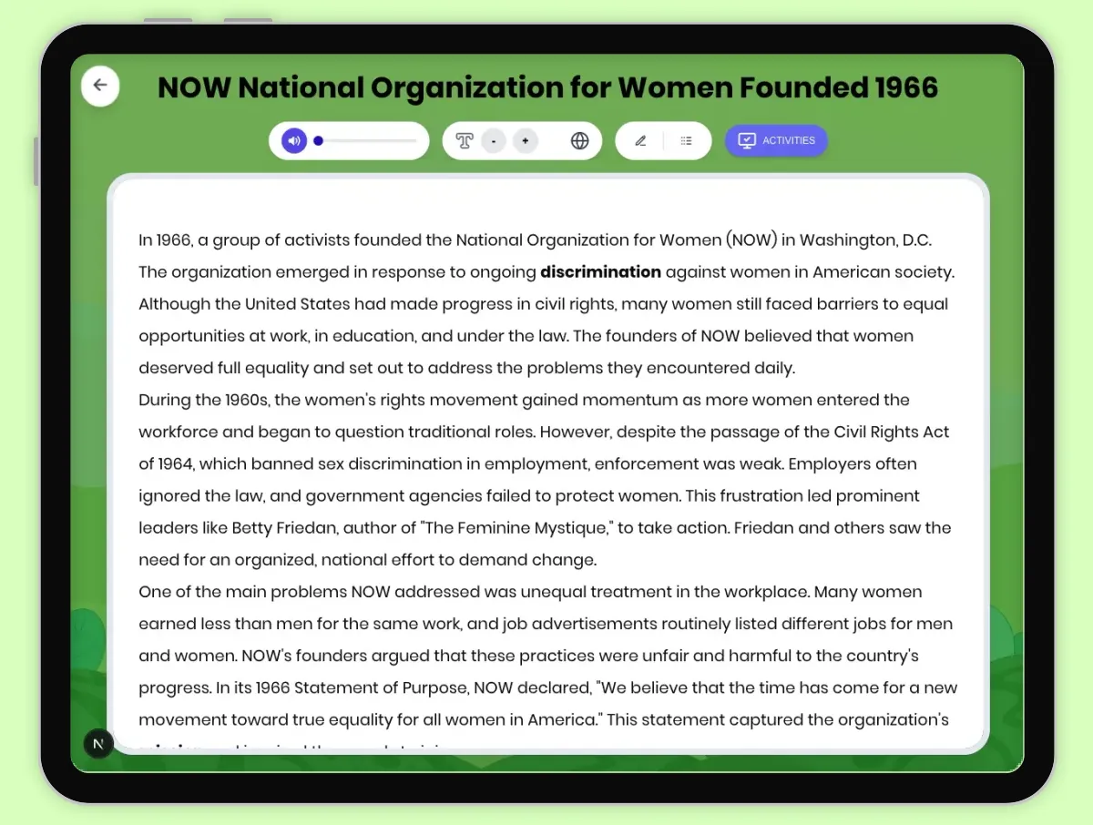 Interactive — Reading Comprehension preview: NOW National Organization for Women Founded 1966 covering D2.HIS.2.3-5, D2.HIS.3.3-5, RI.4.3, RI.4.4, W.4.2 standards - Page 1 of 1