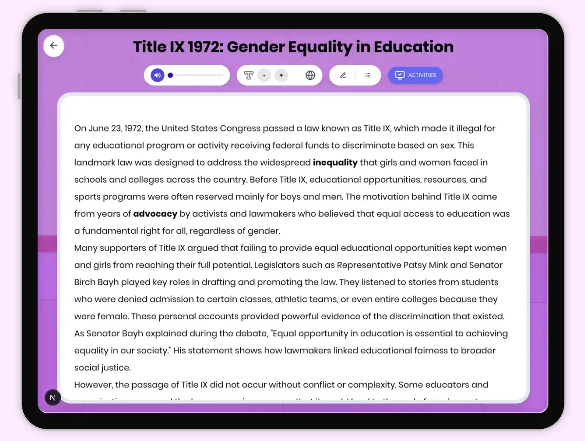 Interactive — Reading Comprehension preview: Title IX 1972: Gender Equality in Education covering D2.HIS.2.3-5, D2.HIS.3.3-5, RI.4.3, RI.4.4, W.4.2 standards - Page 1 of 1