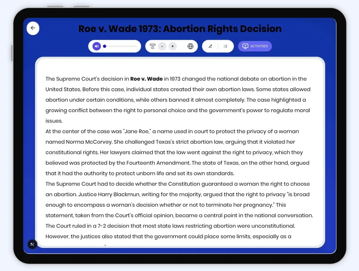 Interactive — Reading Comprehension preview: Roe v Wade 1973: Abortion Rights Decision covering D2.HIS.2.3-5, D2.HIS.3.3-5, RI.4.3, RI.4.4, W.4.2 standards - Page 1 of 1