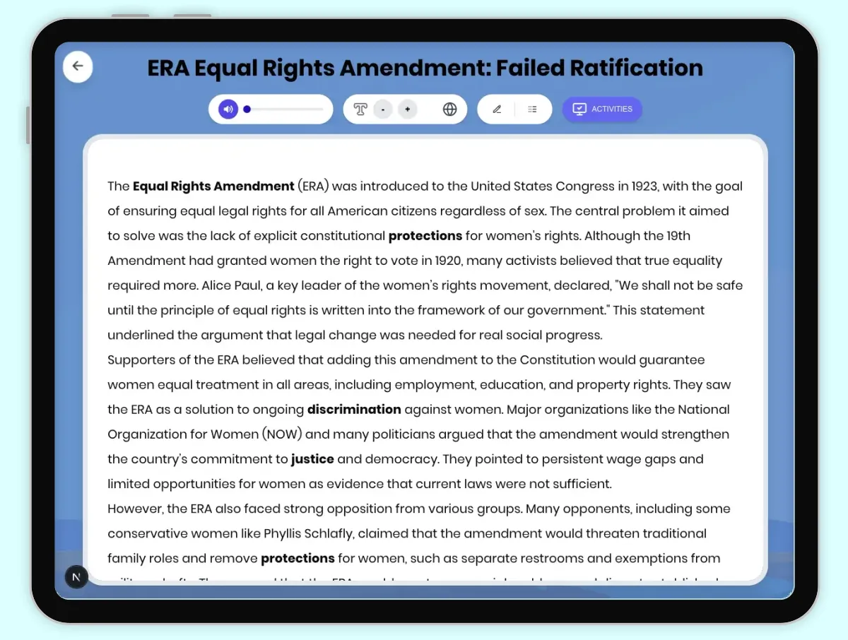 Interactive — Reading Comprehension preview: ERA Equal Rights Amendment: Failed Ratification covering D2.HIS.2.3-5, D2.HIS.3.3-5, RI.4.3, RI.4.4, W.4.2 standards - Page 1 of 1