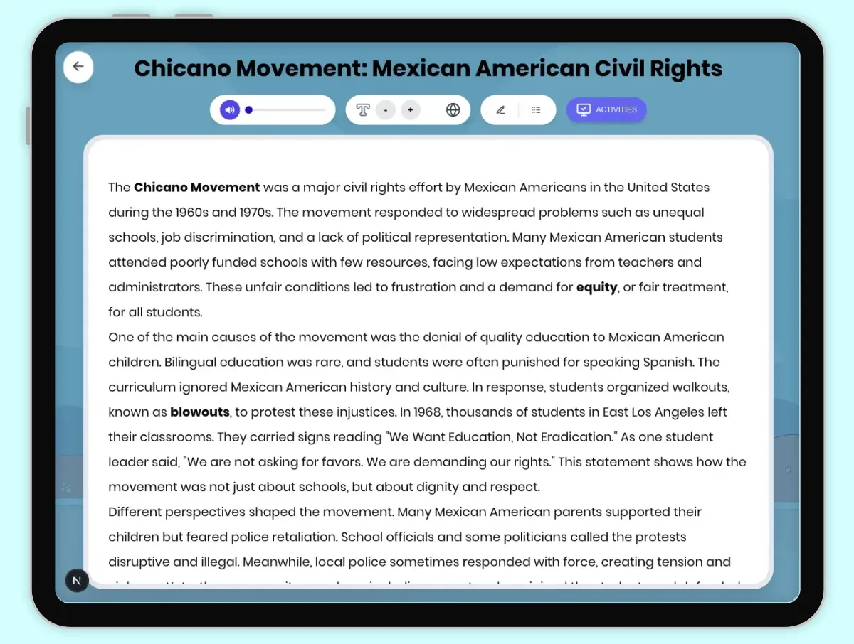 Interactive — Reading Comprehension preview: Chicano Movement: Mexican American Civil Rights covering D2.HIS.2.3-5, D2.HIS.3.3-5, RI.4.3, RI.4.4, W.4.2 standards - Page 1 of 1