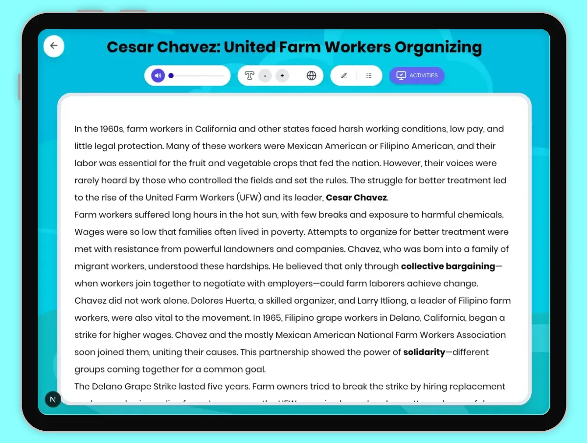 Interactive — Reading Comprehension preview: Cesar Chavez: United Farm Workers Organizing covering D2.HIS.2.3-5, D2.HIS.3.3-5, RI.4.3, RI.4.4, W.4.2 standards - Page 1 of 1