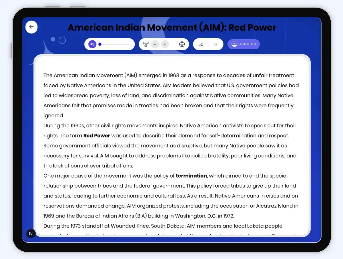 Interactive — Reading Comprehension preview: American Indian Movement AIM: Red Power covering D2.HIS.2.3-5, D2.HIS.3.3-5, RI.4.3, RI.4.4, W.4.2 standards - Page 1 of 1