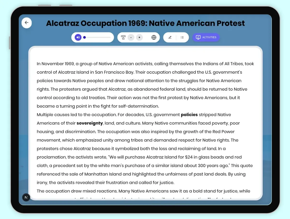 Interactive — Reading Comprehension preview: Alcatraz Occupation 1969: Native American Protest covering D2.HIS.2.3-5, D2.HIS.3.3-5, RI.4.3, RI.4.4, W.4.2 standards - Page 1 of 1