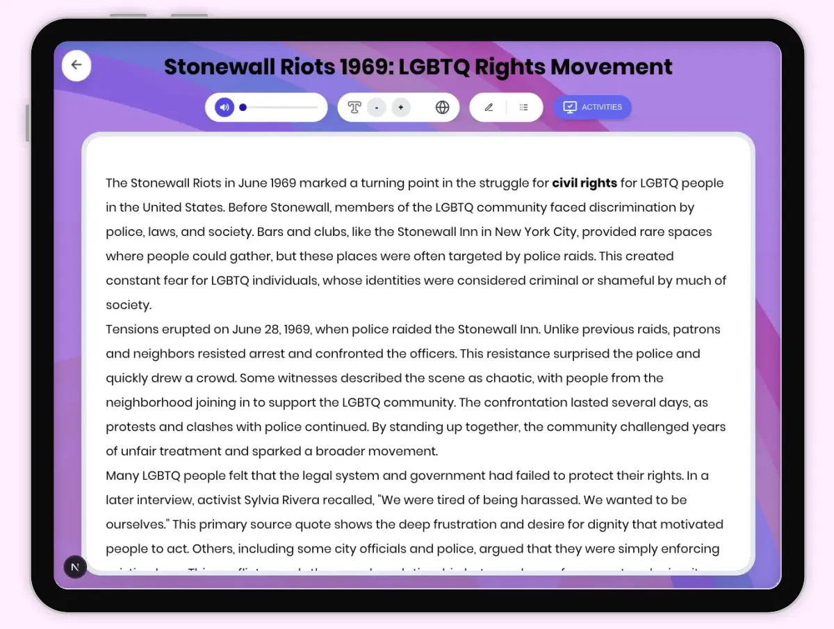 Interactive — Reading Comprehension preview: Stonewall Riots 1969: LGBTQ Rights Movement covering D2.HIS.2.3-5, D2.HIS.3.3-5, RI.4.3, RI.4.4, W.4.2 standards - Page 1 of 1