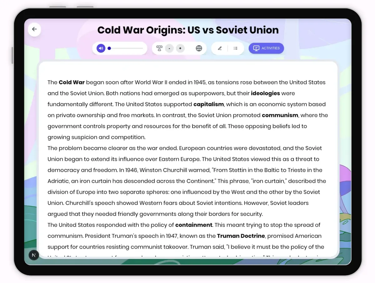 Interactive — Reading Comprehension preview: Cold War Origins: US vs Soviet Union covering D2.HIS.2.3-5, D2.HIS.3.3-5, RI.4.3, RI.4.4, W.4.2 standards - Page 1 of 1