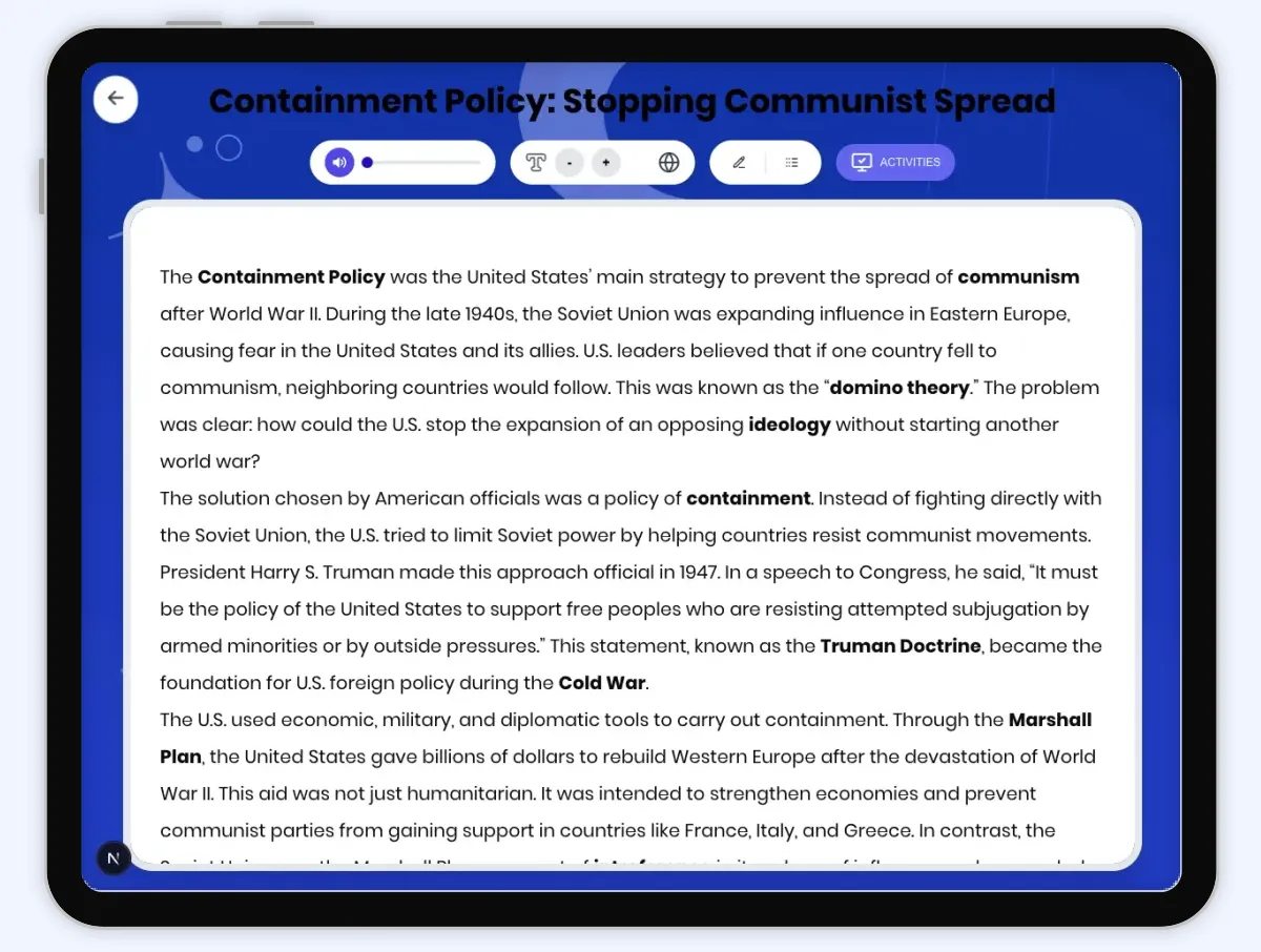 Interactive — Reading Comprehension preview: Containment Policy: Stopping Communist Spread covering D2.HIS.2.3-5, D2.HIS.3.3-5, RI.4.3, RI.4.4, W.4.2 standards - Page 1 of 1