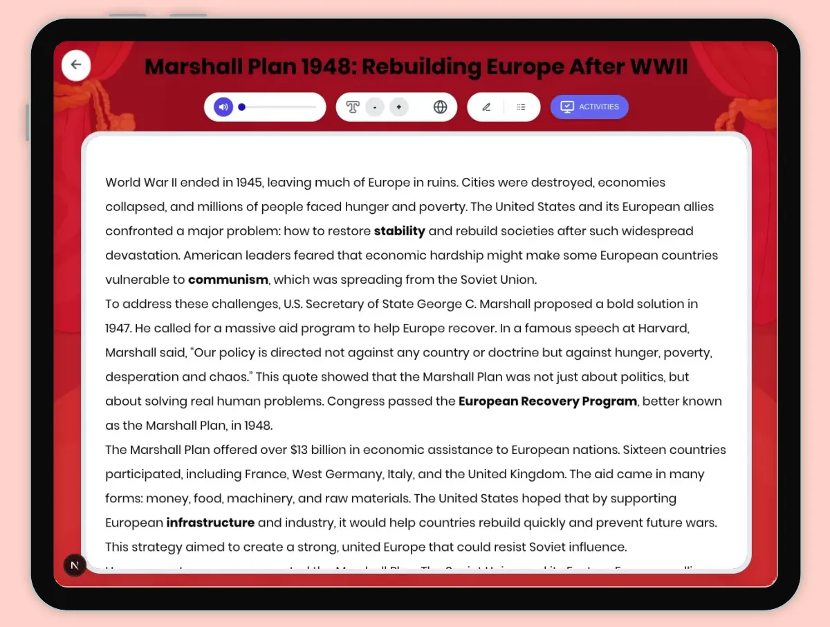 Interactive — Reading Comprehension preview: Marshall Plan 1948: Rebuilding Europe After WWII covering D2.HIS.2.3-5, D2.HIS.3.3-5, RI.4.3, RI.4.4, W.4.2 standards - Page 1 of 1