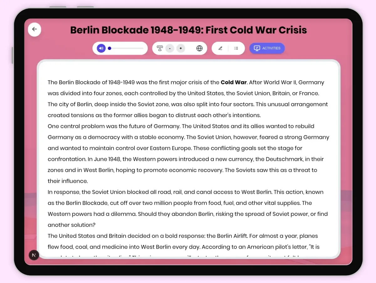 Interactive — Reading Comprehension preview: Berlin Blockade 1948-1949: First Cold War Crisis covering D2.HIS.2.3-5, D2.HIS.3.3-5, RI.4.3, RI.4.4, W.4.2 standards - Page 1 of 1