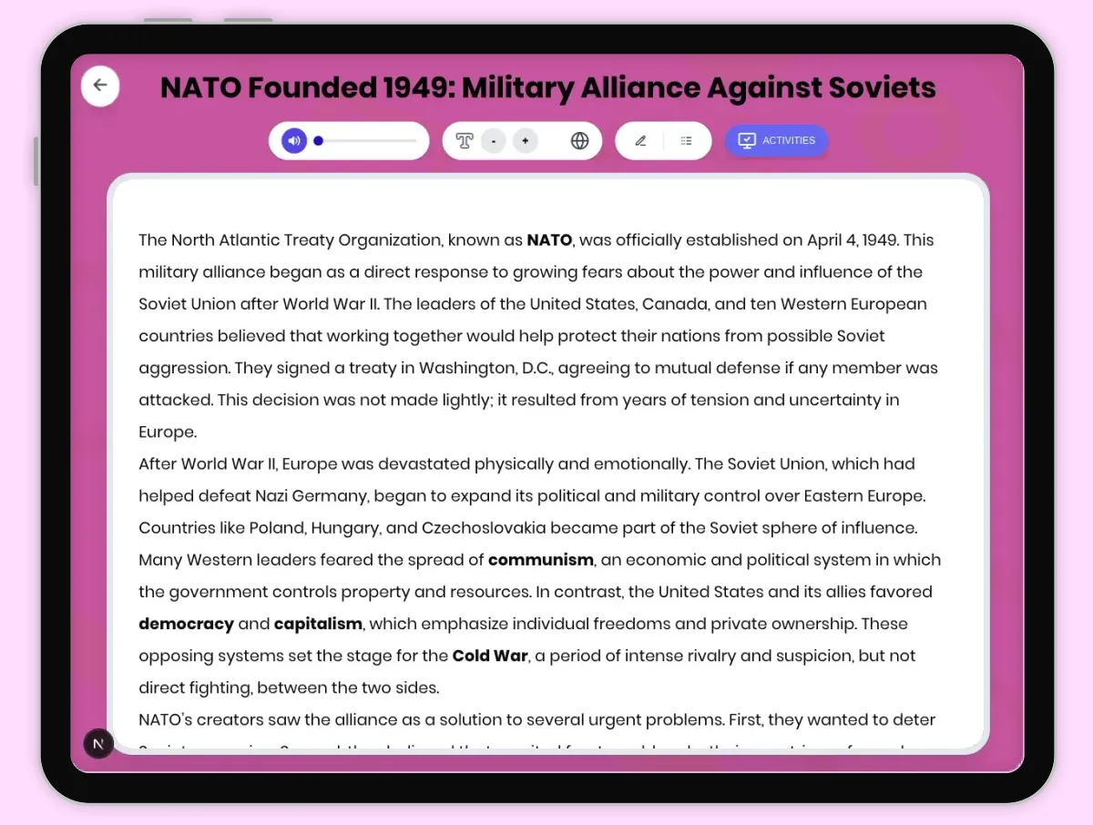 Interactive — Reading Comprehension preview: NATO Founded 1949: Military Alliance Against Soviets covering D2.HIS.2.3-5, D2.HIS.3.3-5, RI.4.3, RI.4.4, W.4.2 standards - Page 1 of 1
