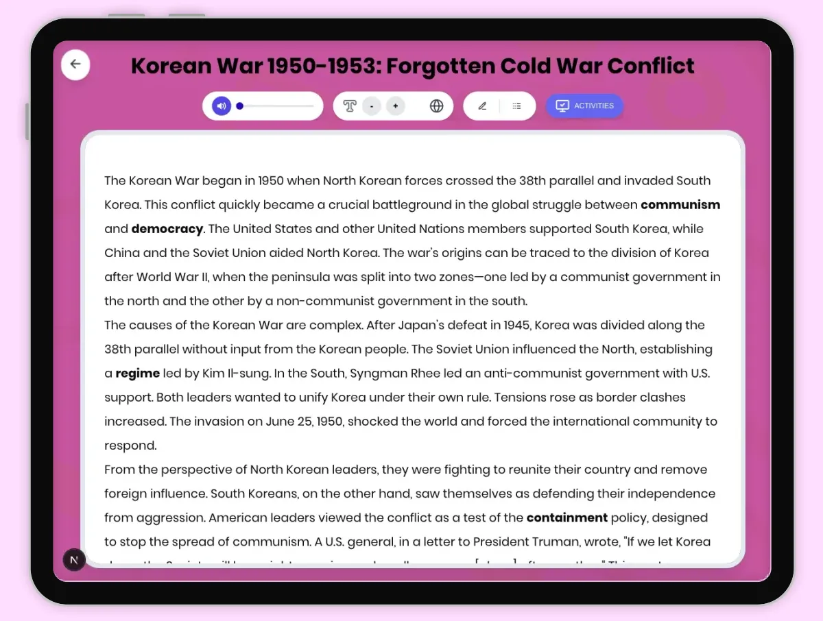 Interactive — Reading Comprehension preview: Korean War 1950-1953: Forgotten Cold War Conflict covering D2.HIS.2.3-5, D2.HIS.3.3-5, RI.4.3, RI.4.4, W.4.2 standards - Page 1 of 1
