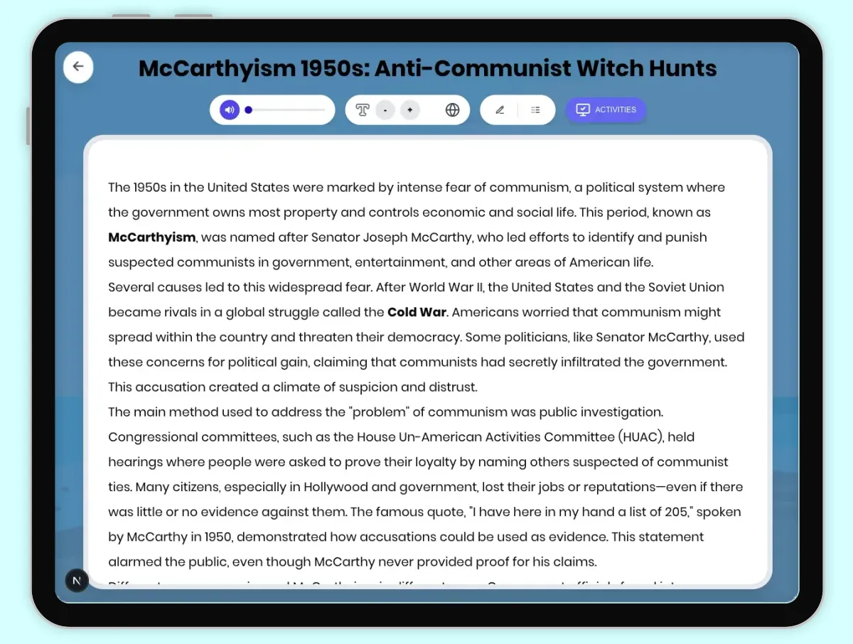 Interactive — Reading Comprehension preview: McCarthyism 1950s: Anti-Communist Witch Hunts covering D2.HIS.2.3-5, D2.HIS.3.3-5, RI.4.3, RI.4.4, W.4.2 standards - Page 1 of 1