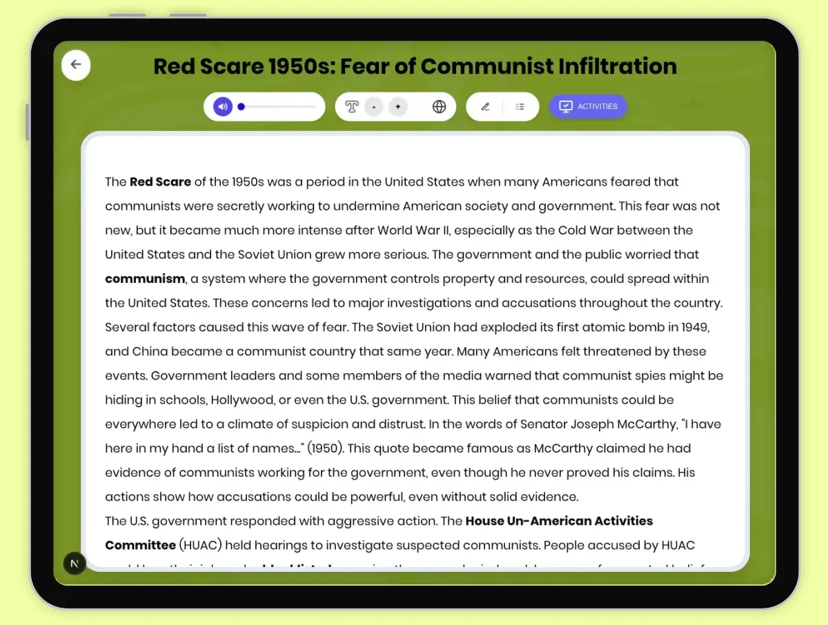 Interactive — Reading Comprehension preview: Red Scare 1950s: Fear of Communist Infiltration covering D2.HIS.2.3-5, D2.HIS.3.3-5, RI.4.3, RI.4.4, W.4.2 standards - Page 1 of 1