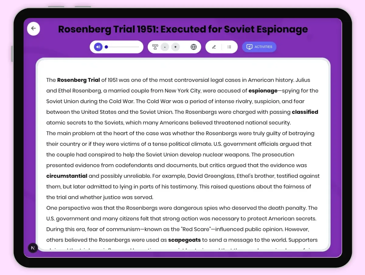 Interactive — Reading Comprehension preview: Rosenberg Trial 1951: Executed for Soviet Espionage covering D2.HIS.2.3-5, D2.HIS.3.3-5, RI.4.3, RI.4.4, W.4.2 standards - Page 1 of 1