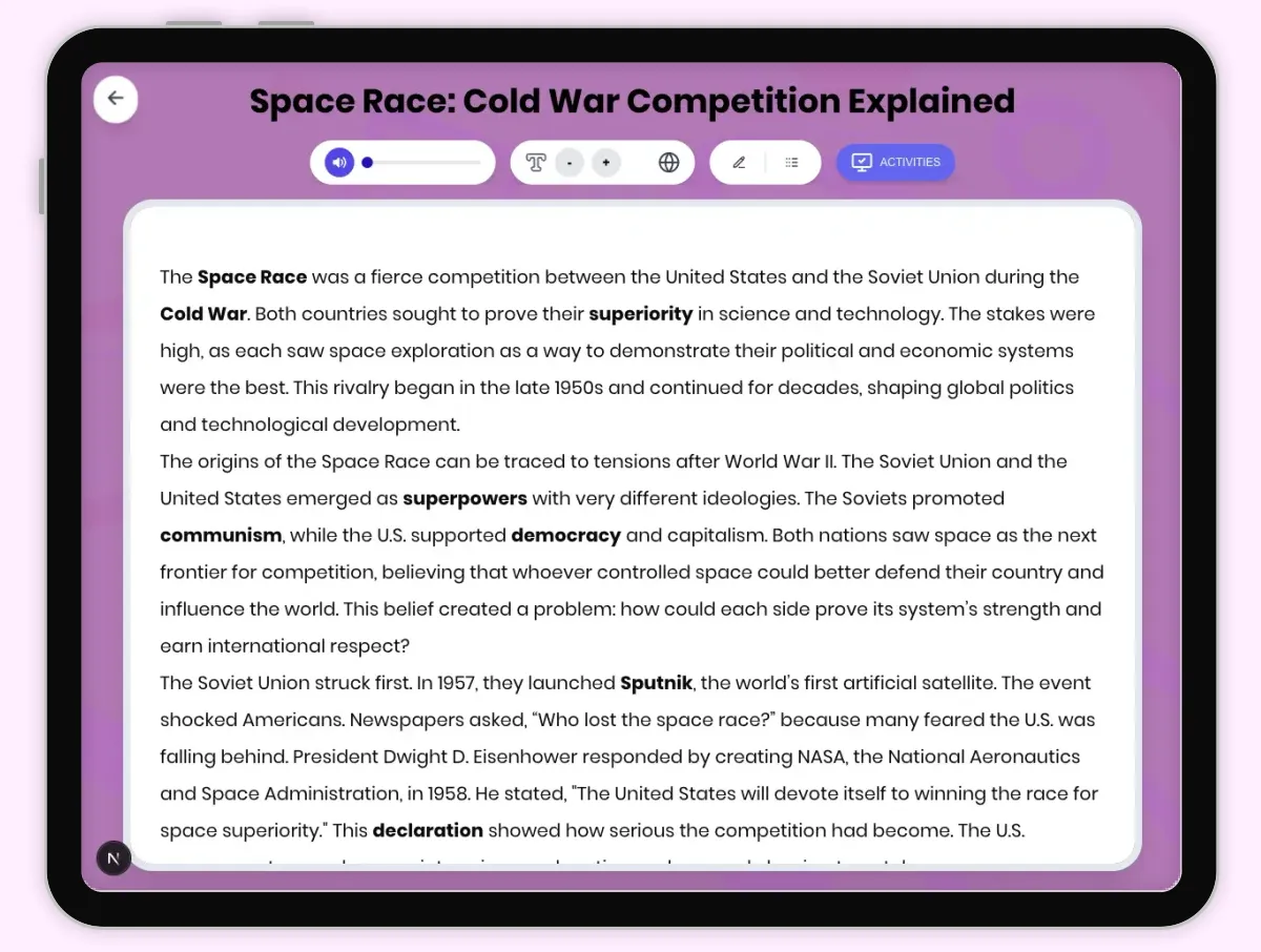Interactive — Reading Comprehension preview: Space Race: Cold War Competition Explained covering D2.HIS.2.3-5, D2.HIS.3.3-5, RI.4.3, RI.4.4, W.4.2 standards - Page 1 of 1
