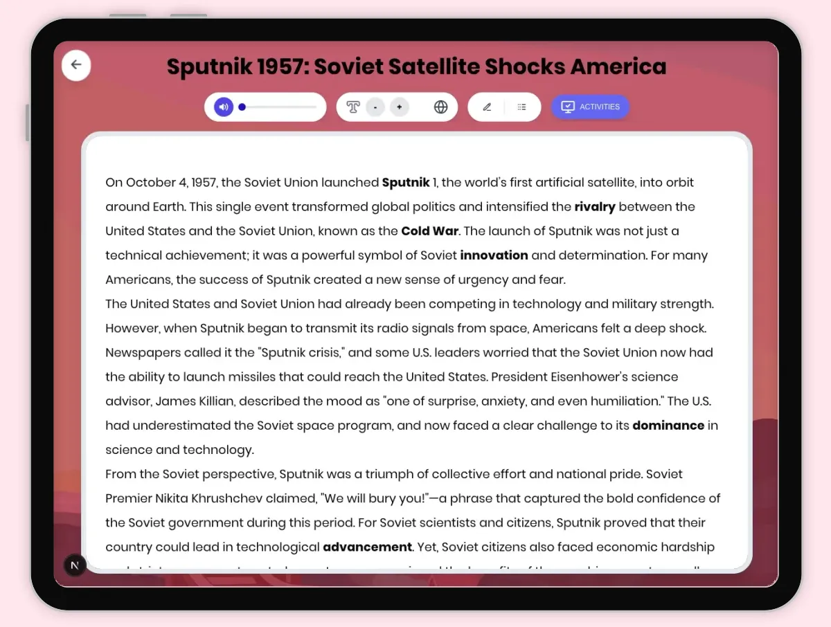 Interactive — Reading Comprehension preview: Sputnik 1957: Soviet Satellite Shocks America covering D2.HIS.2.3-5, D2.HIS.3.3-5, RI.4.3, RI.4.4, W.4.2 standards - Page 1 of 1
