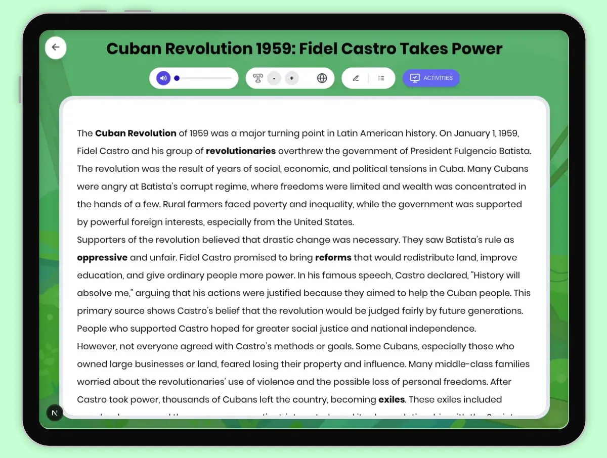 Interactive — Reading Comprehension preview: Cuban Revolution 1959: Fidel Castro Takes Power covering D2.HIS.2.3-5, D2.HIS.3.3-5, RI.4.3, RI.4.4, W.4.2 standards - Page 1 of 1