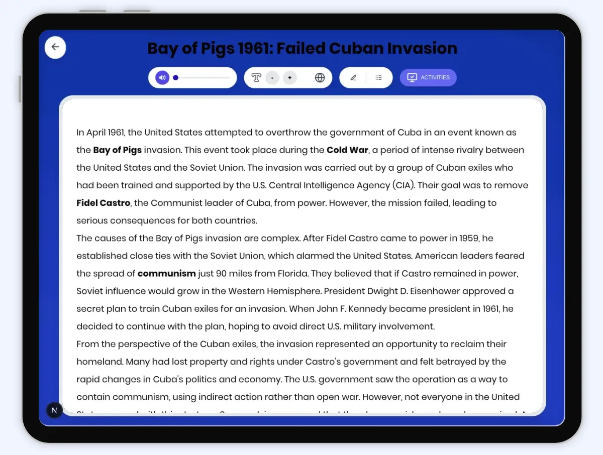 Interactive — Reading Comprehension preview: Bay of Pigs 1961: Failed Cuban Invasion covering D2.HIS.2.3-5, D2.HIS.3.3-5, RI.4.3, RI.4.4, W.4.2 standards - Page 1 of 1