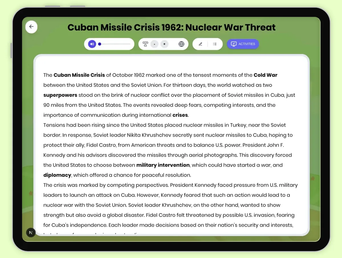 Interactive — Reading Comprehension preview: Cuban Missile Crisis 1962: Nuclear War Threat covering D2.HIS.2.3-5, D2.HIS.3.3-5, RI.4.3, RI.4.4, W.4.2 standards - Page 1 of 1