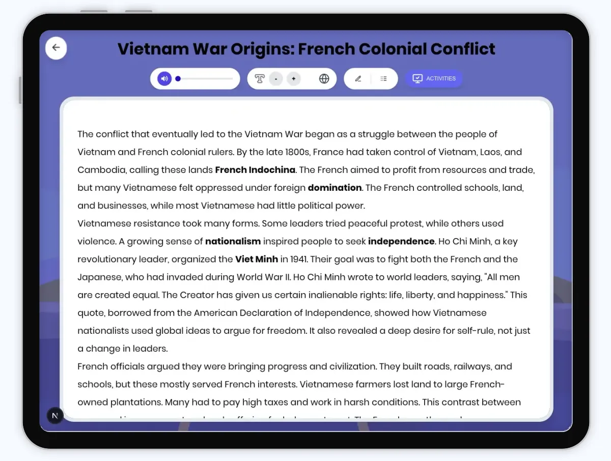 Interactive — Reading Comprehension preview: Vietnam War Origins: French Colonial Conflict covering D2.HIS.2.3-5, D2.HIS.3.3-5, RI.4.3, RI.4.4, W.4.2 standards - Page 1 of 1