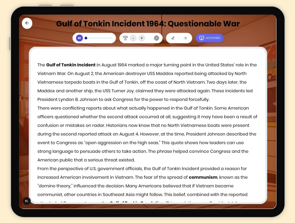 Interactive — Reading Comprehension preview: Gulf of Tonkin Incident 1964: Questionable War covering D2.HIS.2.3-5, D2.HIS.3.3-5, RI.4.3, RI.4.4, W.4.2 standards - Page 1 of 1