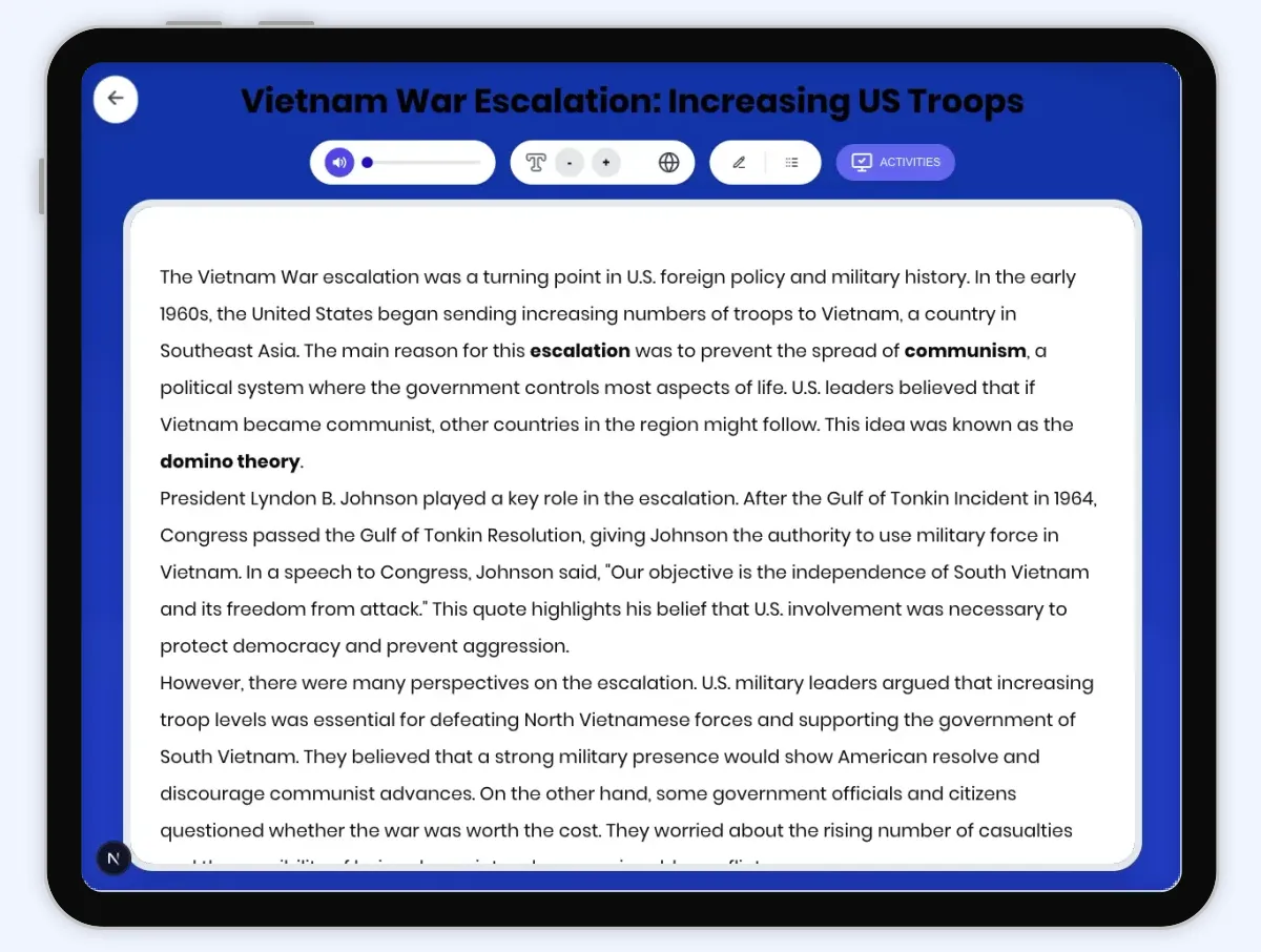 Interactive — Reading Comprehension preview: Vietnam War Escalation: Increasing US Troops covering D2.HIS.2.3-5, D2.HIS.3.3-5, RI.4.3, RI.4.4, W.4.2 standards - Page 1 of 1