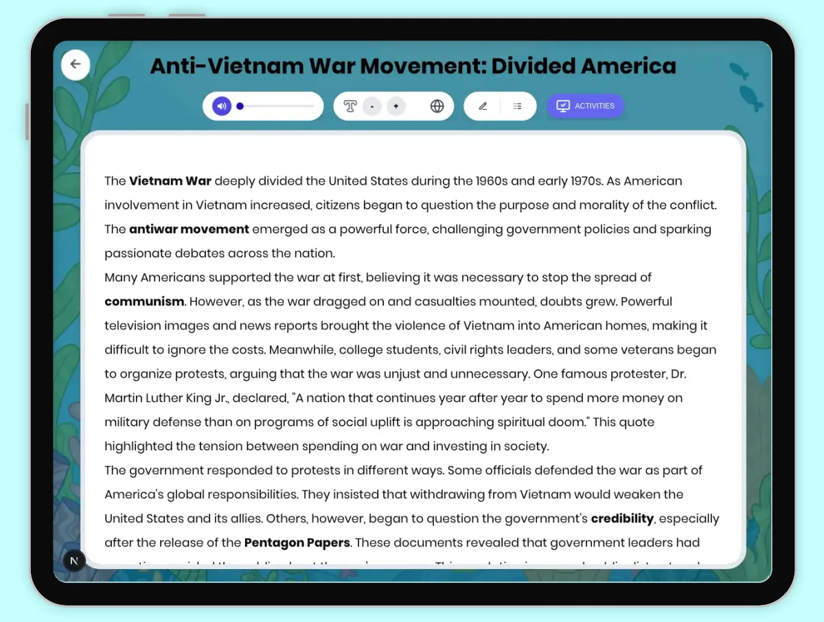 Interactive — Reading Comprehension preview: Anti-Vietnam War Movement: Divided America covering D2.HIS.2.3-5, D2.HIS.3.3-5, RI.4.3, RI.4.4, W.4.2 standards - Page 1 of 1