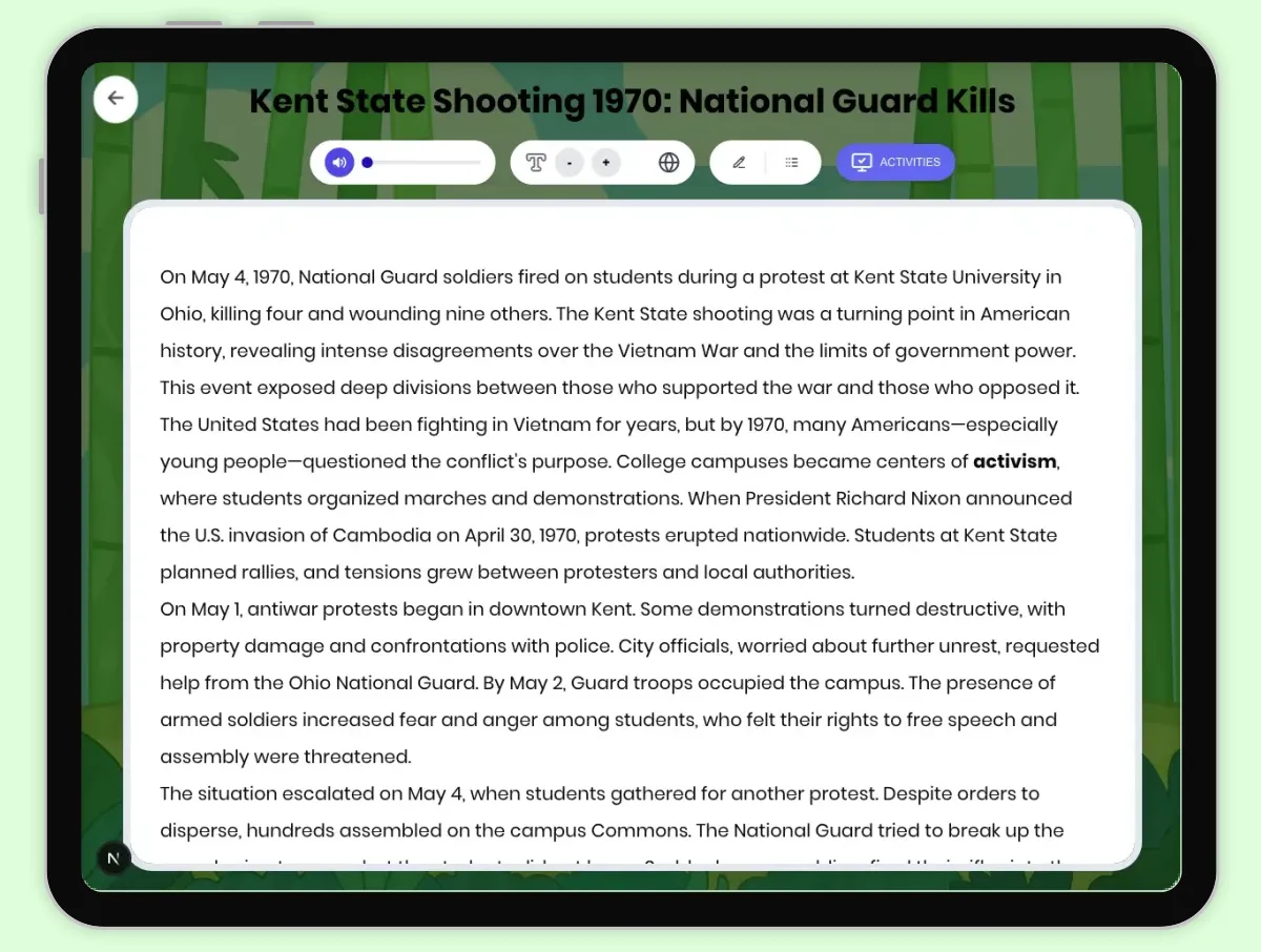 Interactive — Reading Comprehension preview: Kent State Shooting 1970: National Guard Kills covering D2.HIS.2.3-5, D2.HIS.3.3-5, RI.4.3, RI.4.4, W.4.2 standards - Page 1 of 1