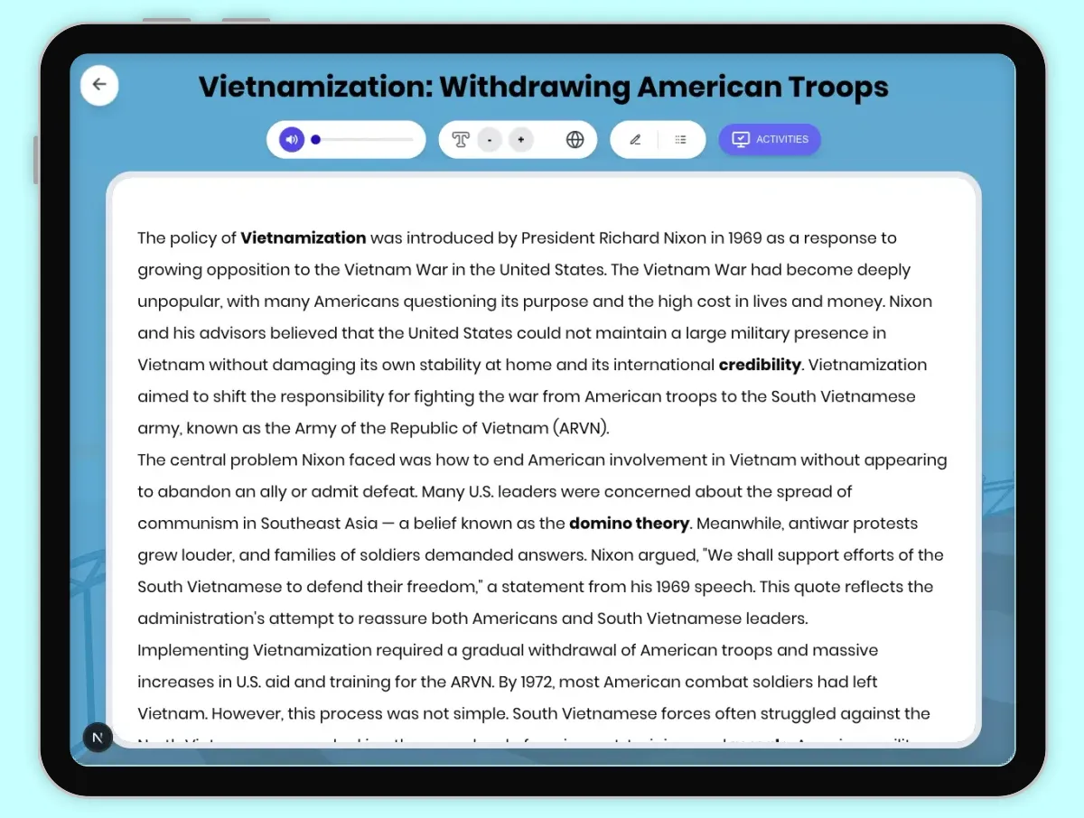 Interactive — Reading Comprehension preview: Vietnamization: Withdrawing American Troops covering D2.HIS.2.3-5, D2.HIS.3.3-5, RI.4.3, RI.4.4, W.4.2 standards - Page 1 of 1