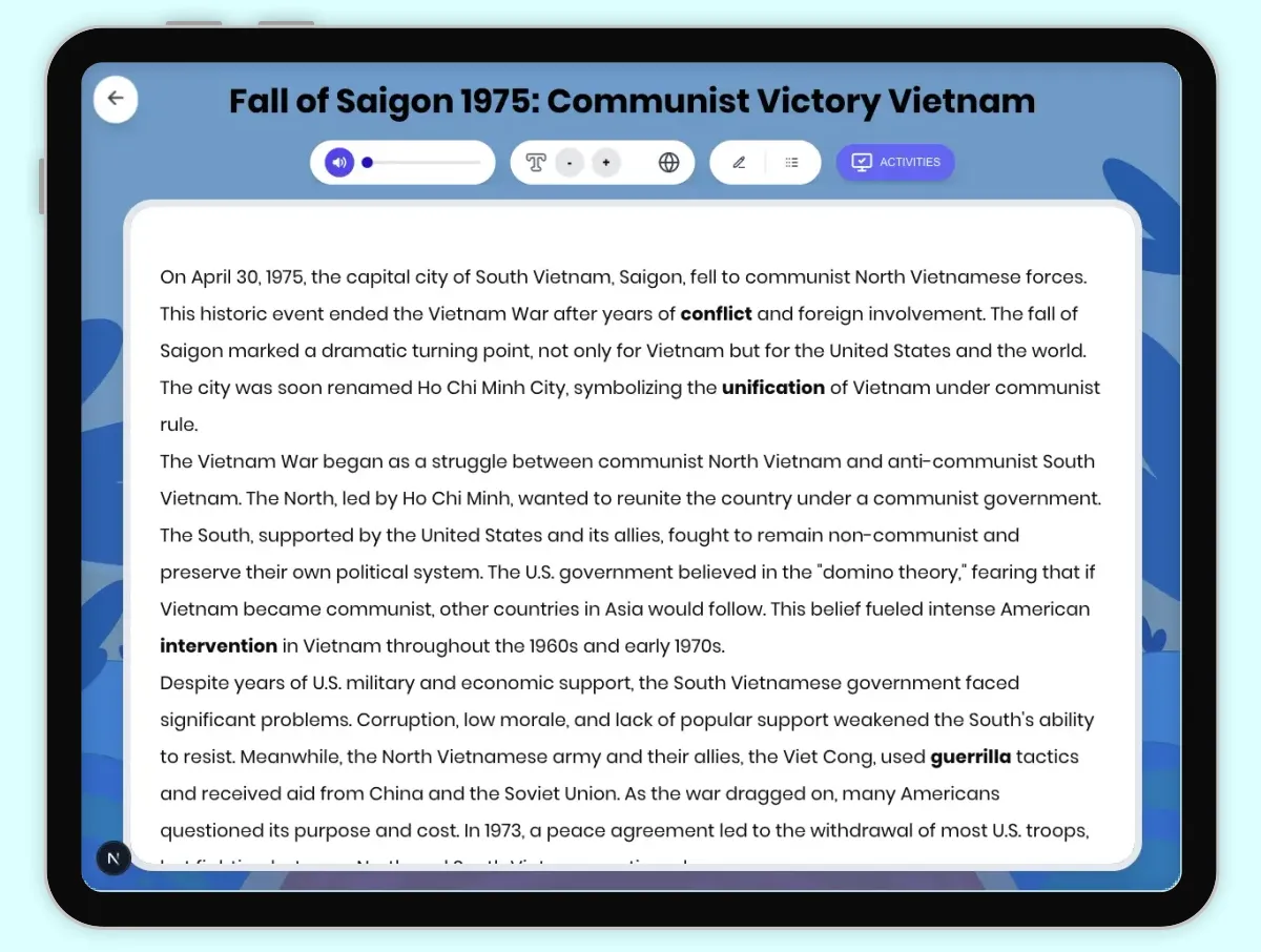 Interactive — Reading Comprehension preview: Fall of Saigon 1975: Communist Victory Vietnam covering D2.HIS.2.3-5, D2.HIS.3.3-5, RI.4.3, RI.4.4, W.4.2 standards - Page 1 of 1