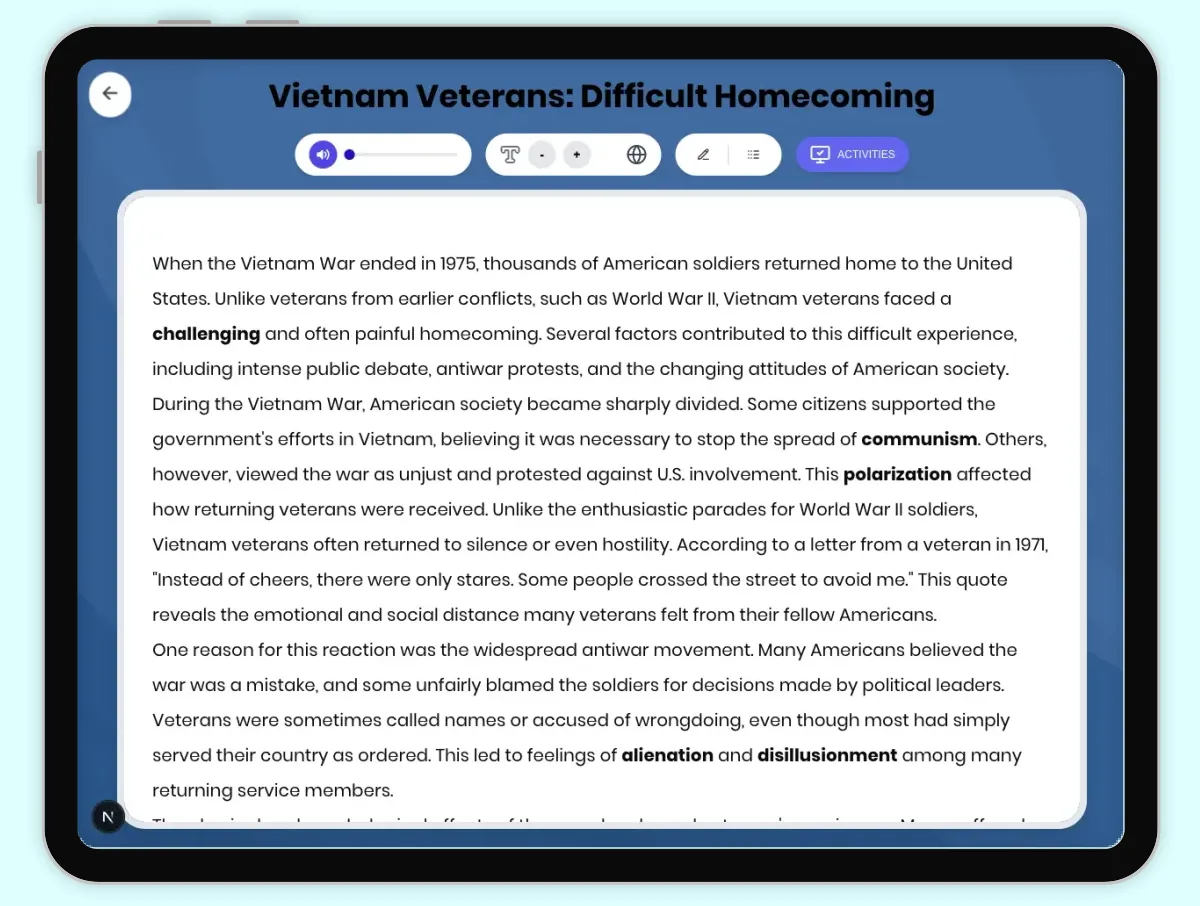 Interactive — Reading Comprehension preview: Vietnam Veterans: Difficult Homecoming covering D2.HIS.2.3-5, D2.HIS.3.3-5, RI.4.3, RI.4.4, W.4.2 standards - Page 1 of 1