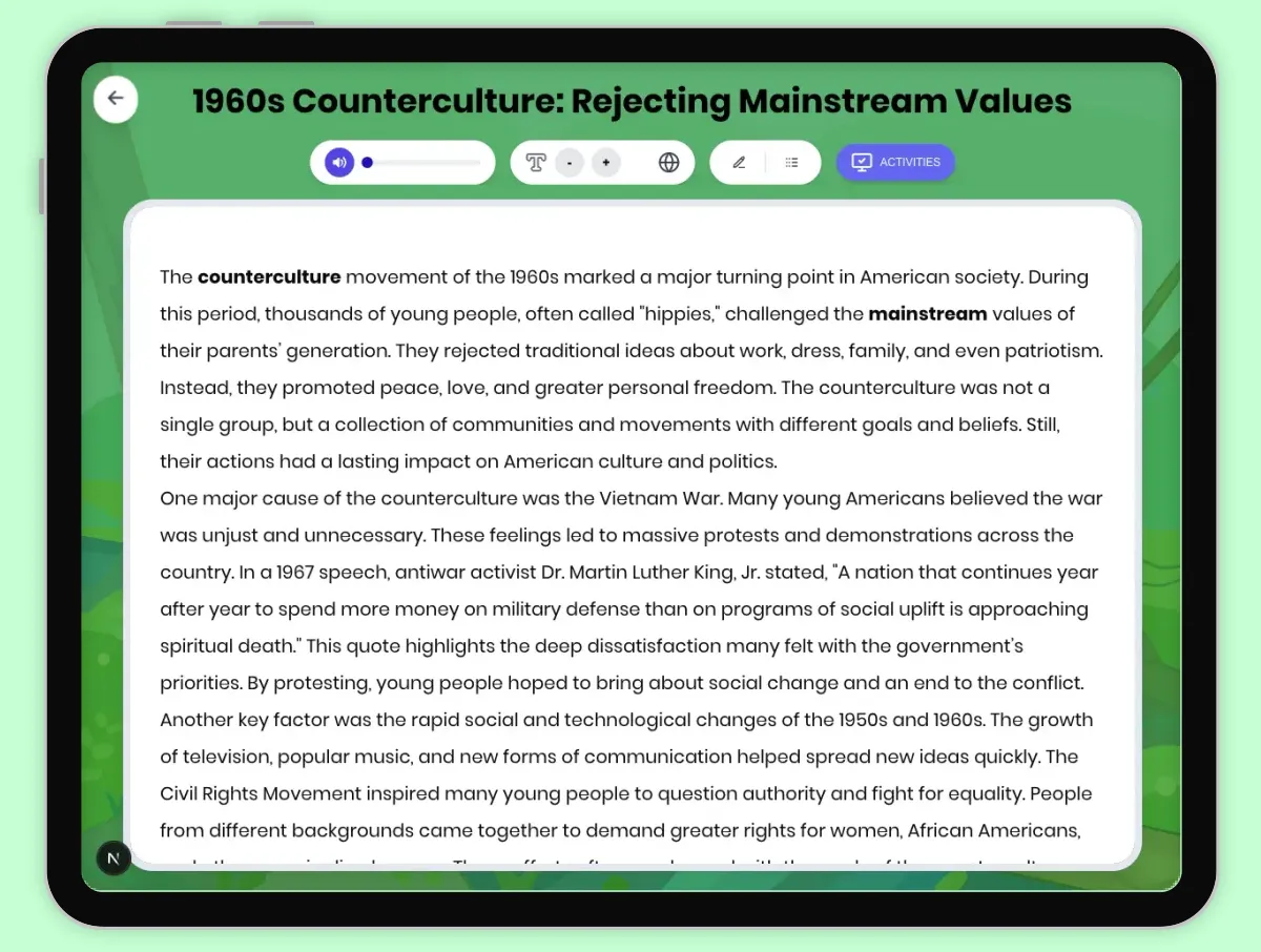 Interactive — Reading Comprehension preview: 1960s Counterculture: Rejecting Mainstream Values covering D2.HIS.2.3-5, D2.HIS.3.3-5, RI.4.3, RI.4.4, W.4.2 standards - Page 1 of 1