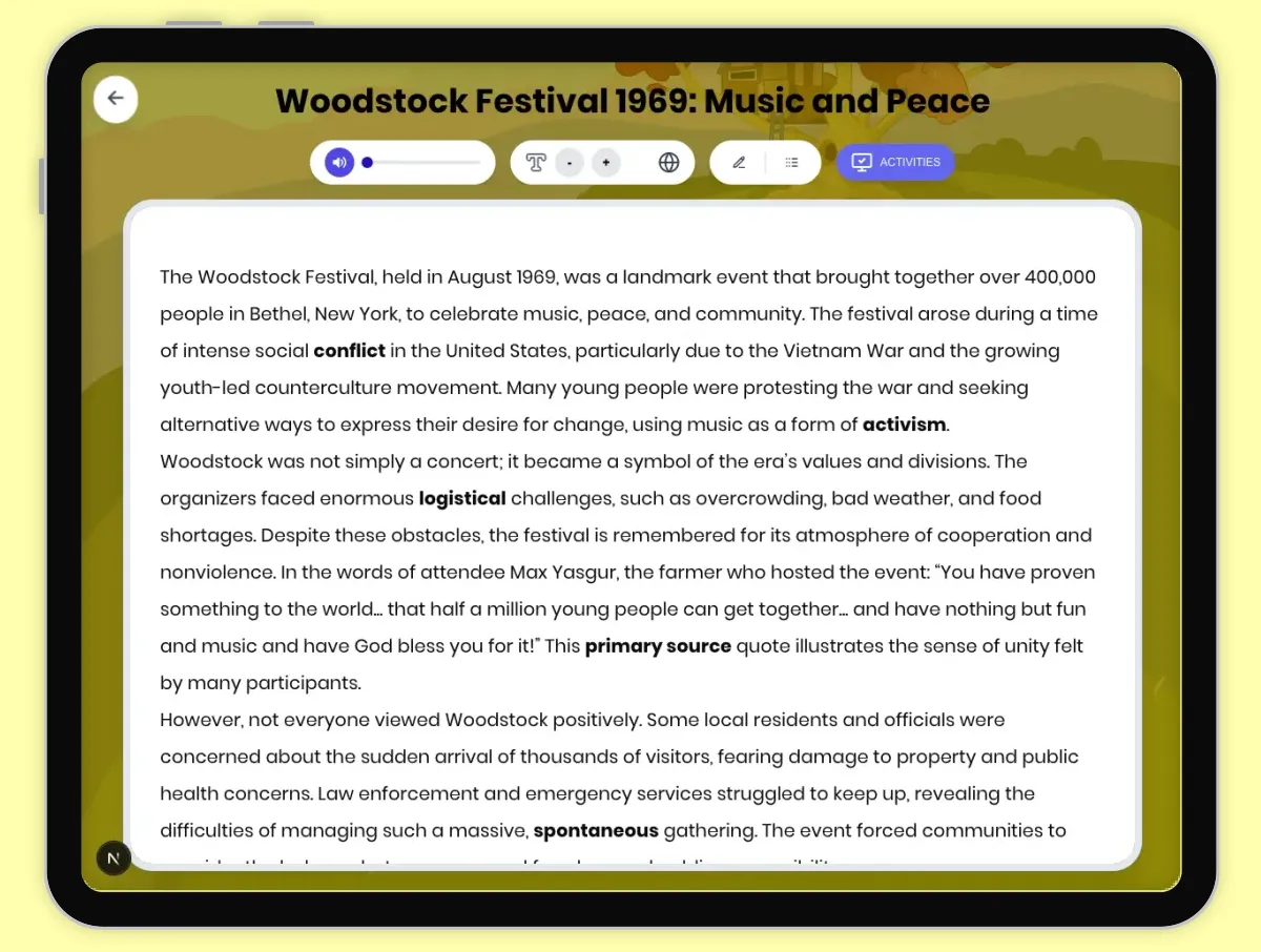Interactive — Reading Comprehension preview: Woodstock Festival 1969: Music and Peace covering D2.HIS.2.3-5, D2.HIS.3.3-5, RI.4.3, RI.4.4, W.4.2 standards - Page 1 of 1
