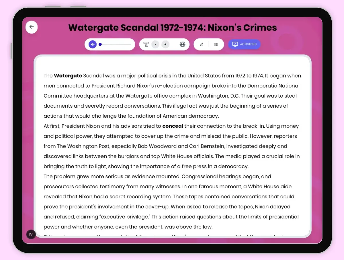 Interactive — Reading Comprehension preview: Watergate Scandal 1972-1974: Nixon's Crimes covering D2.HIS.2.3-5, D2.HIS.3.3-5, RI.4.3, RI.4.4, W.4.2 standards - Page 1 of 1
