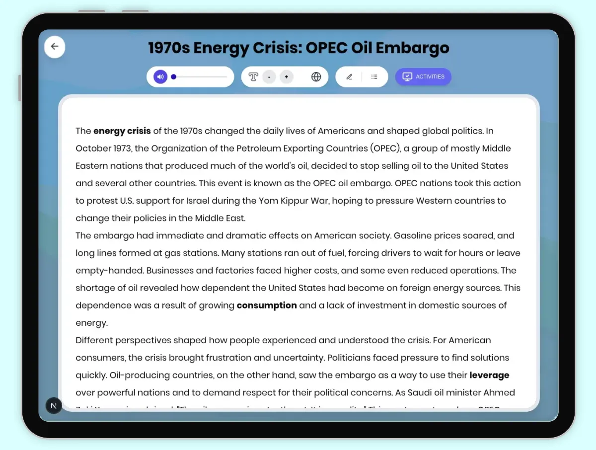 Interactive — Reading Comprehension preview: 1970s Energy Crisis: OPEC Oil Embargo covering D2.HIS.2.3-5, D2.HIS.3.3-5, RI.4.3, RI.4.4, W.4.2 standards - Page 1 of 1