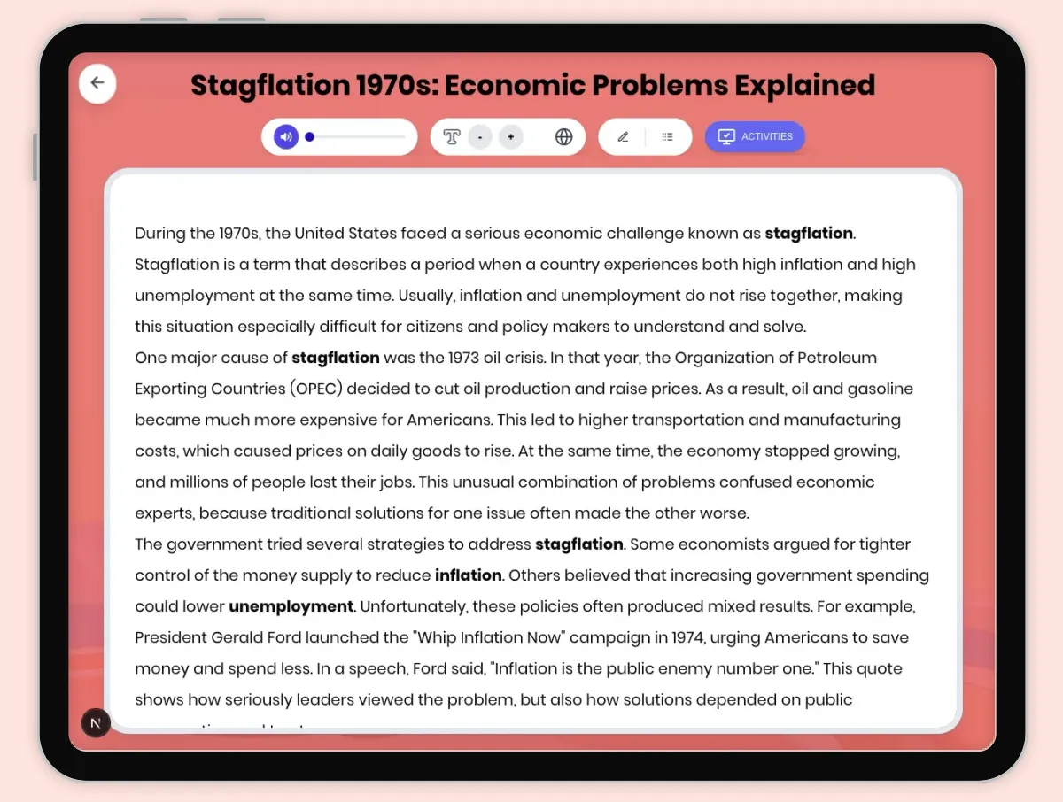 Interactive — Reading Comprehension preview: Stagflation 1970s: Economic Problems Explained covering D2.HIS.2.3-5, D2.HIS.3.3-5, RI.4.3, RI.4.4, W.4.2 standards - Page 1 of 1
