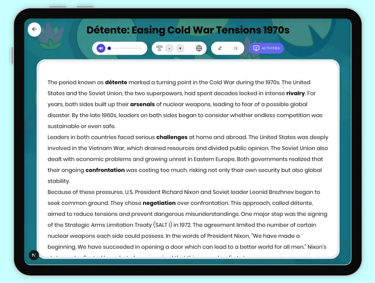 Interactive — Reading Comprehension preview: Détente: Easing Cold War Tensions 1970s covering D2.HIS.2.3-5, D2.HIS.3.3-5, RI.4.3, RI.4.4, W.4.2 standards - Page 1 of 1
