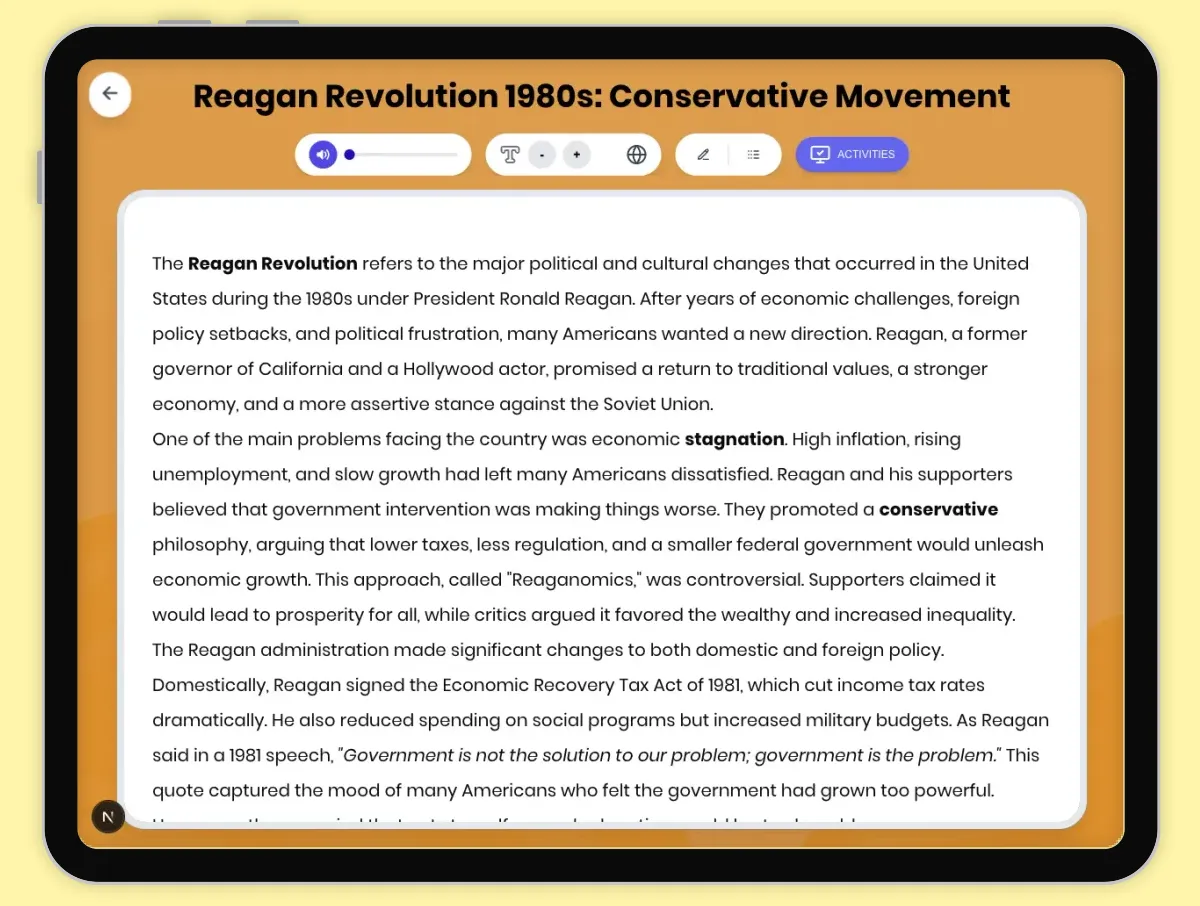 Interactive — Reading Comprehension preview: Reagan Revolution 1980s: Conservative Movement covering D2.HIS.2.3-5, D2.HIS.3.3-5, RI.4.3, RI.4.4, W.4.2 standards - Page 1 of 1