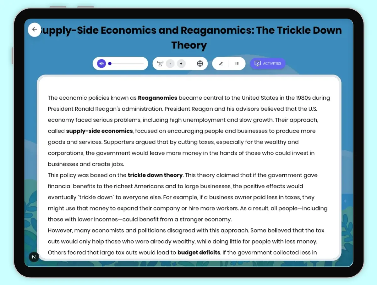 Interactive — Reading Comprehension preview: Supply-Side Economics Reaganomics: Trickle Down Theory covering D2.HIS.2.3-5, D2.HIS.3.3-5, RI.4.3, RI.4.4, W.4.2 standards - Page 1 of 1