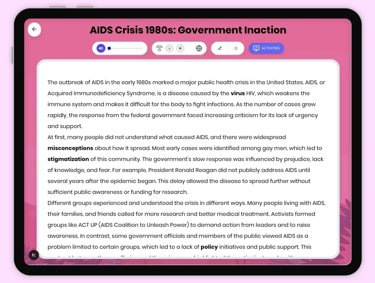 Interactive — Reading Comprehension preview: AIDS Crisis 1980s: Government Inaction covering D2.HIS.2.3-5, D2.HIS.3.3-5, RI.4.3, RI.4.4, W.4.2 standards - Page 1 of 1