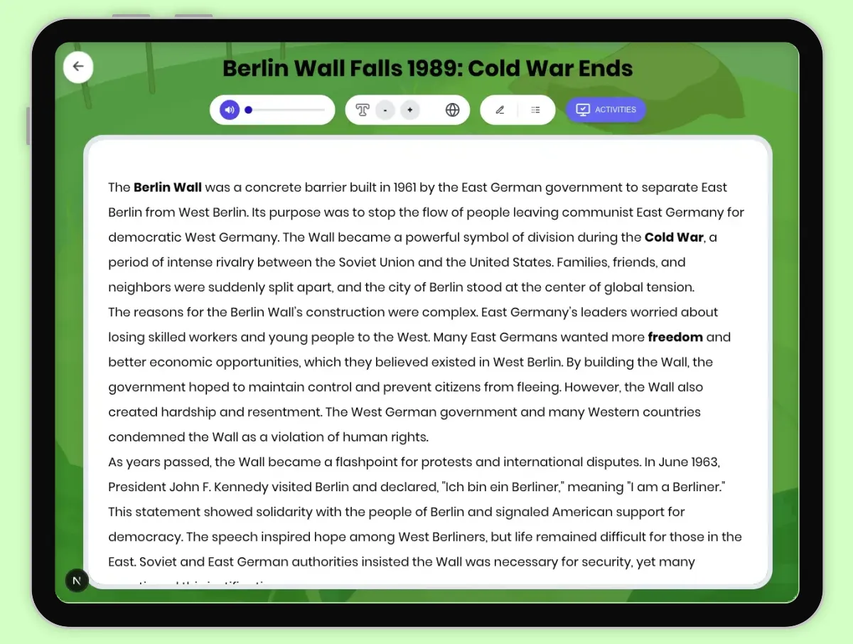 Interactive — Reading Comprehension preview: Berlin Wall Falls 1989: Cold War Ends covering D2.HIS.2.3-5, D2.HIS.3.3-5, RI.4.3, RI.4.4, W.4.2 standards - Page 1 of 1