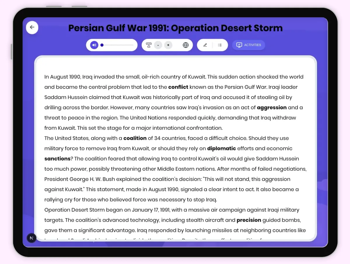 Interactive — Reading Comprehension preview: Persian Gulf War 1991: Operation Desert Storm covering D2.HIS.2.3-5, D2.HIS.3.3-5, RI.4.3, RI.4.4, W.4.2 standards - Page 1 of 1