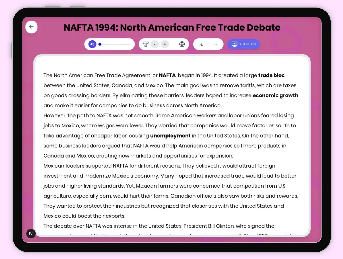 Interactive — Reading Comprehension preview: NAFTA 1994: North American Free Trade Debate covering D2.HIS.2.3-5, D2.HIS.3.3-5, RI.4.3, RI.4.4, W.4.2 standards - Page 1 of 1