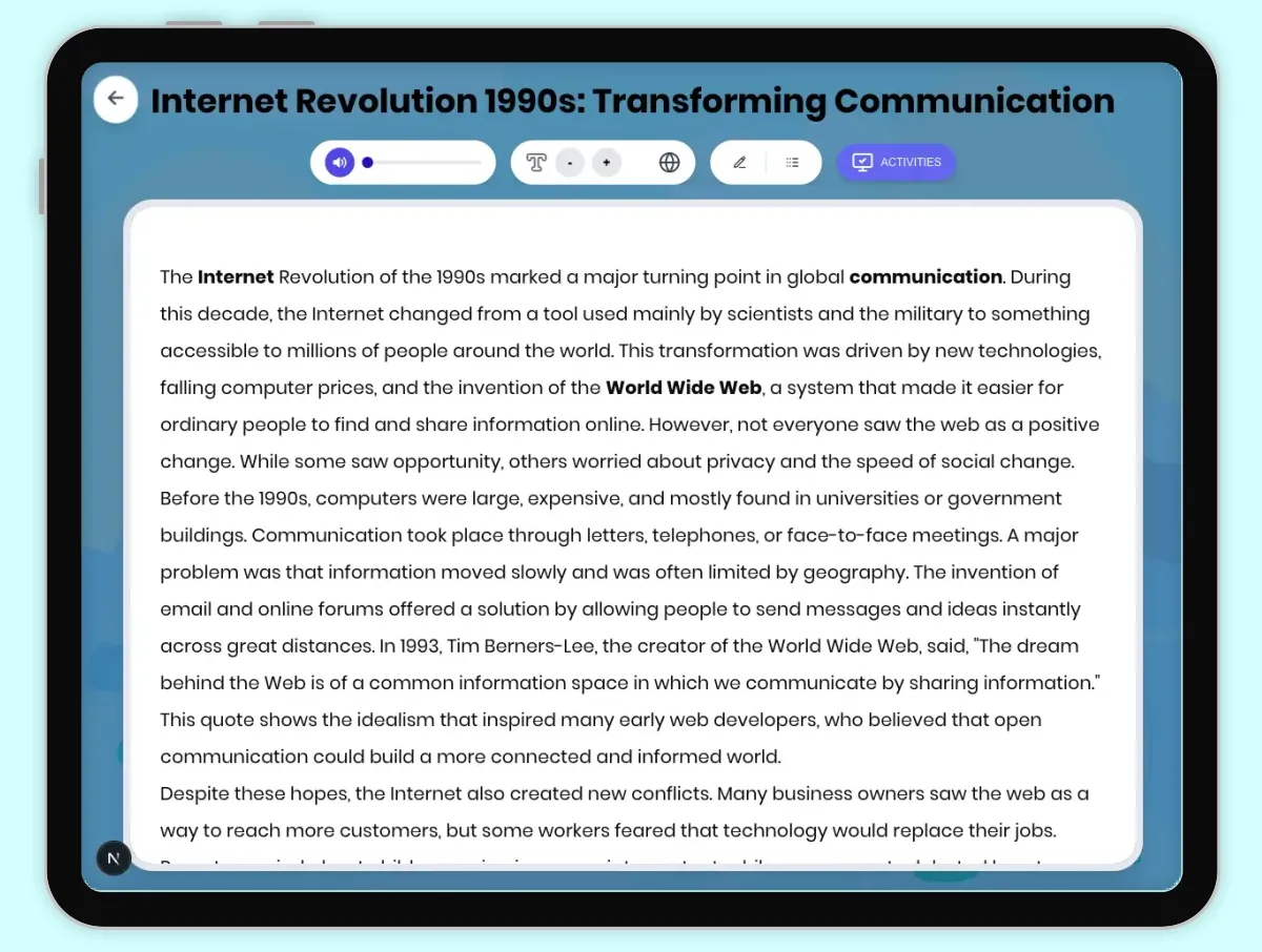 Interactive — Reading Comprehension preview: Internet Revolution 1990s: Transforming Communication covering D2.HIS.2.3-5, D2.HIS.3.3-5, RI.4.3, RI.4.4, W.4.2 standards - Page 1 of 1