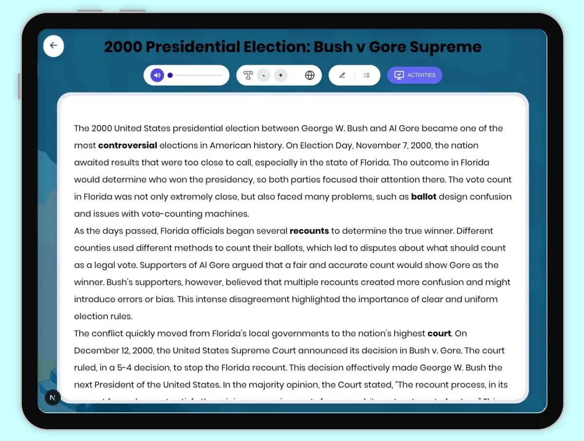 Interactive — Reading Comprehension preview: 2000 Presidential Election: Bush v Gore Supreme covering D2.HIS.2.3-5, D2.HIS.3.3-5, RI.4.3, RI.4.4, W.4.2 standards - Page 1 of 1