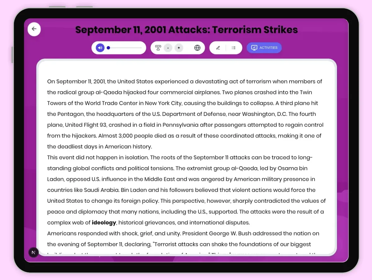Interactive — Reading Comprehension preview: September 11 2001 Attacks: Terrorism Strikes covering D2.HIS.2.3-5, D2.HIS.3.3-5, RI.4.3, RI.4.4, W.4.2 standards - Page 1 of 1