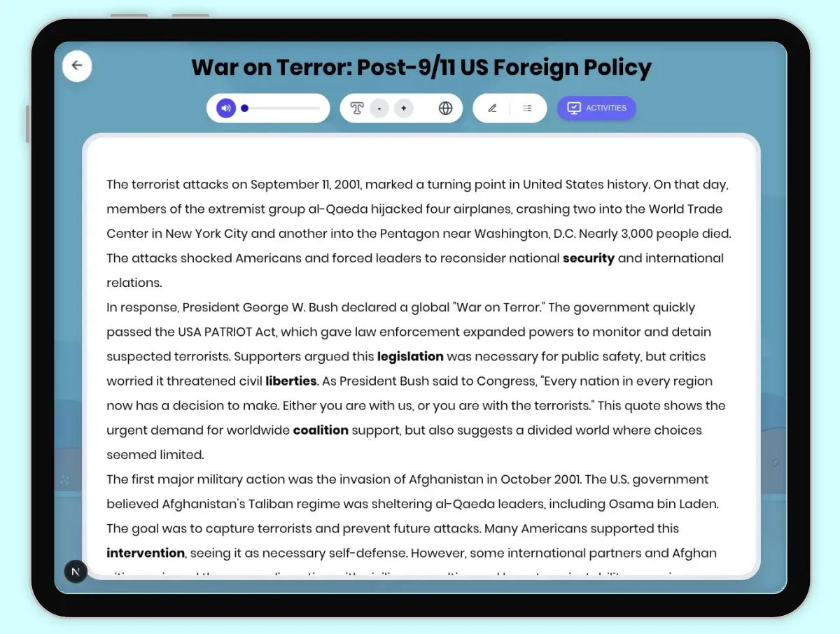 Interactive — Reading Comprehension preview: War on Terror: Post-9/11 US Foreign Policy covering D2.HIS.2.3-5, D2.HIS.3.3-5, RI.4.3, RI.4.4, W.4.2 standards - Page 1 of 1